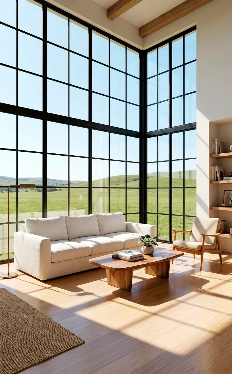 Large black steel grid windows in a bright modern farmhouse living room.