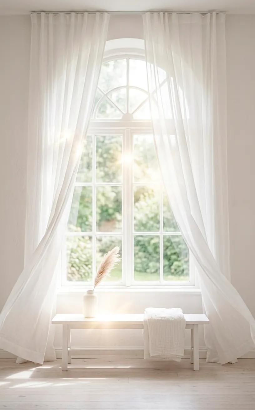 Ethereal white bedroom window with sheer curtains and soft natural light streaming through.