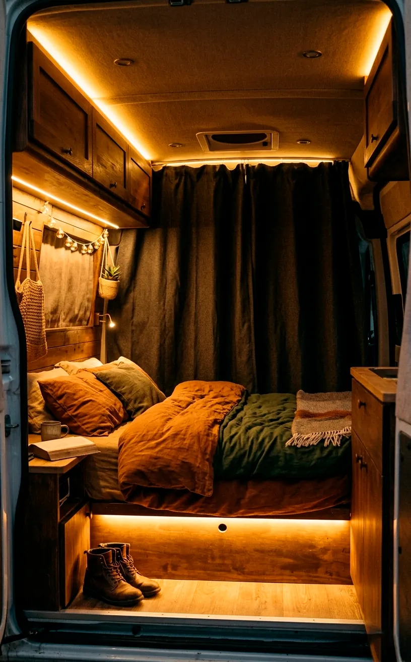 Warm LED lighting and blackout curtains in a van life interior.