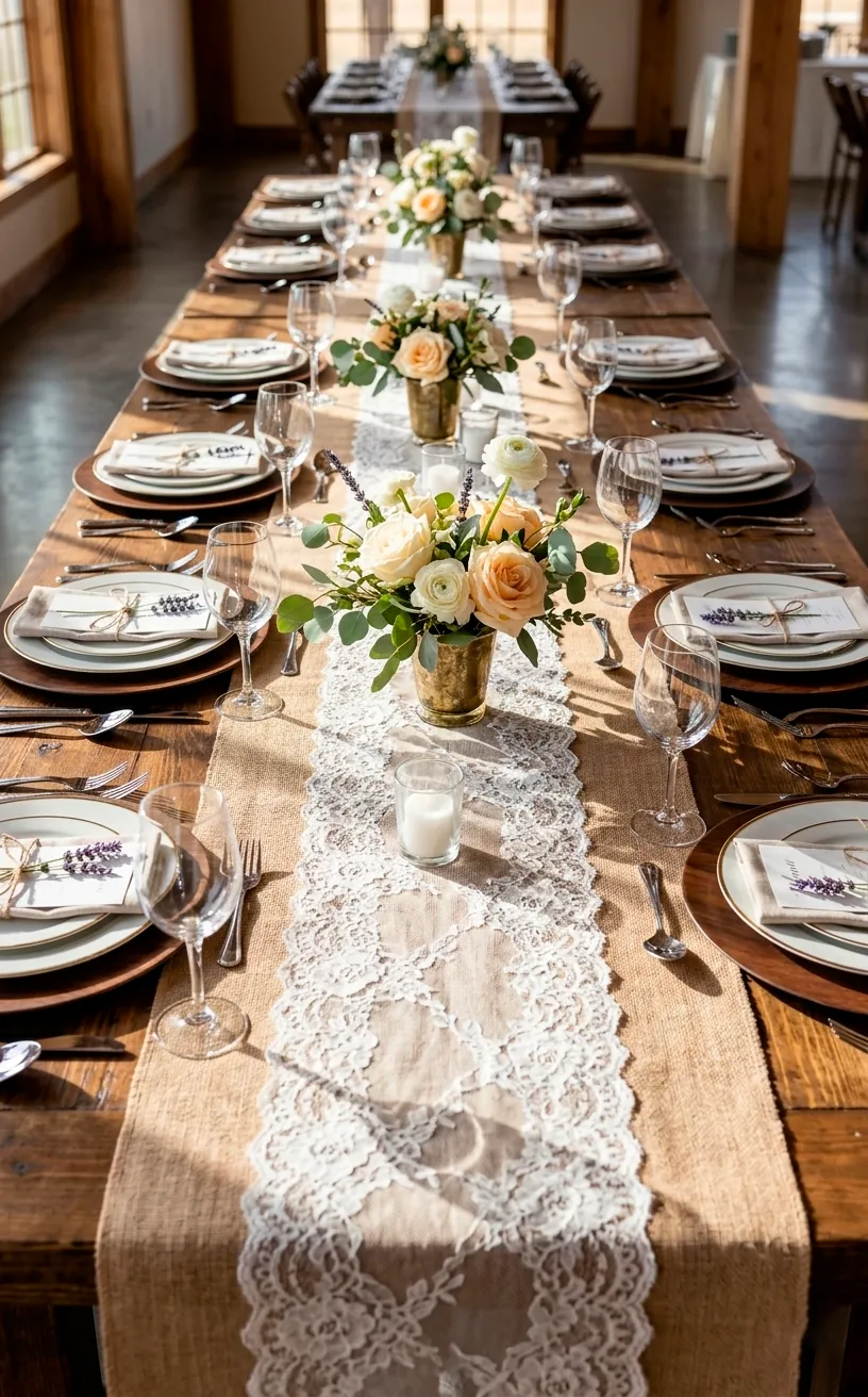 Rustic wedding table setting with burlap and lace runners on a dark wood farm table.