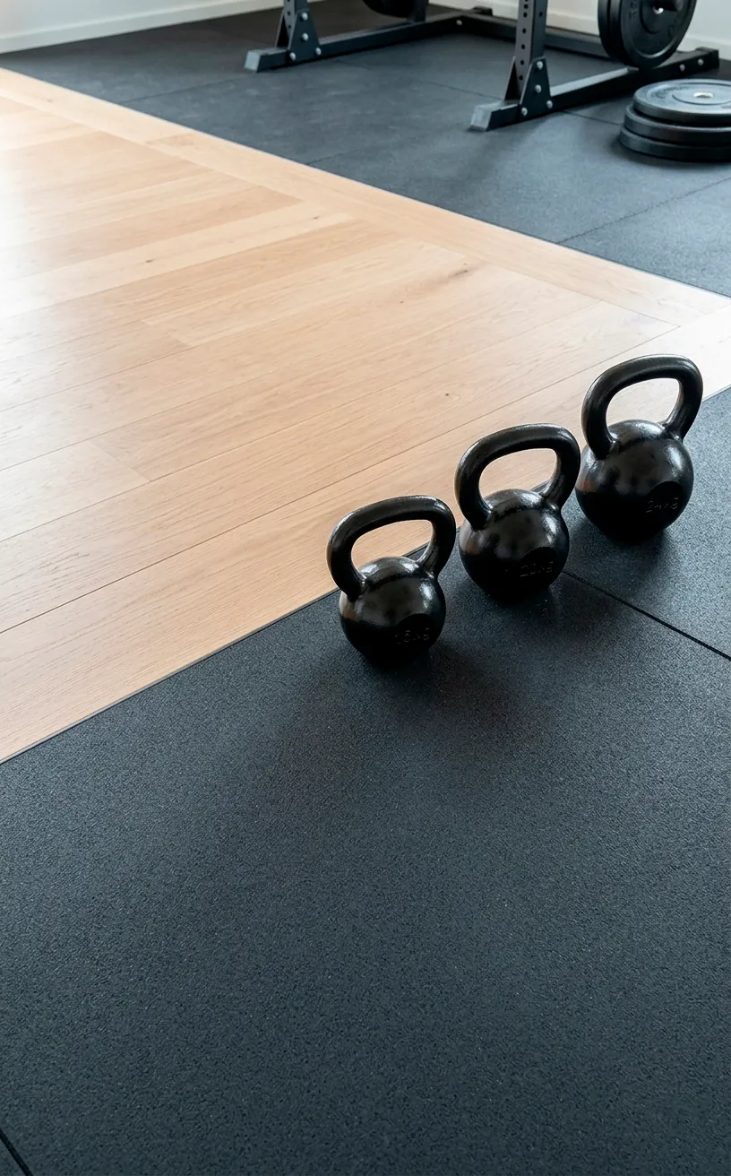 Seamless transition from oak hardwood to charcoal rubber gym flooring with black kettlebells.