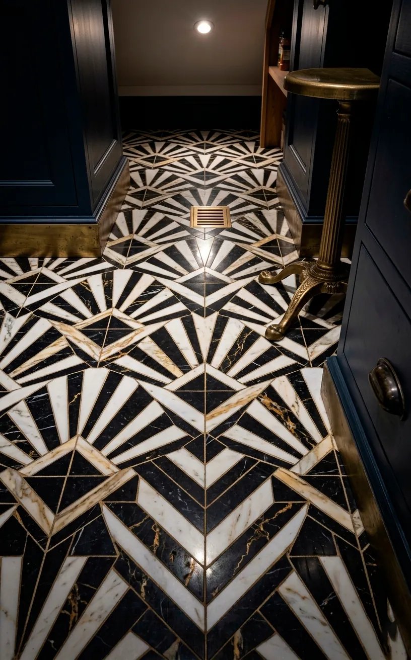 Geometric black and white marble tile floor in a modern Art Deco pantry.