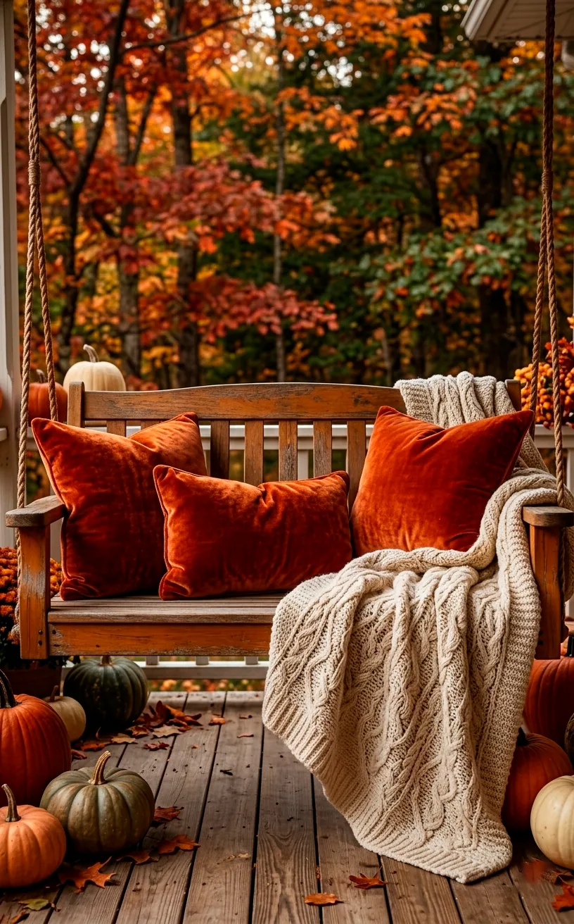 Burnt orange velvet pillows on a porch swing with a knit throw.