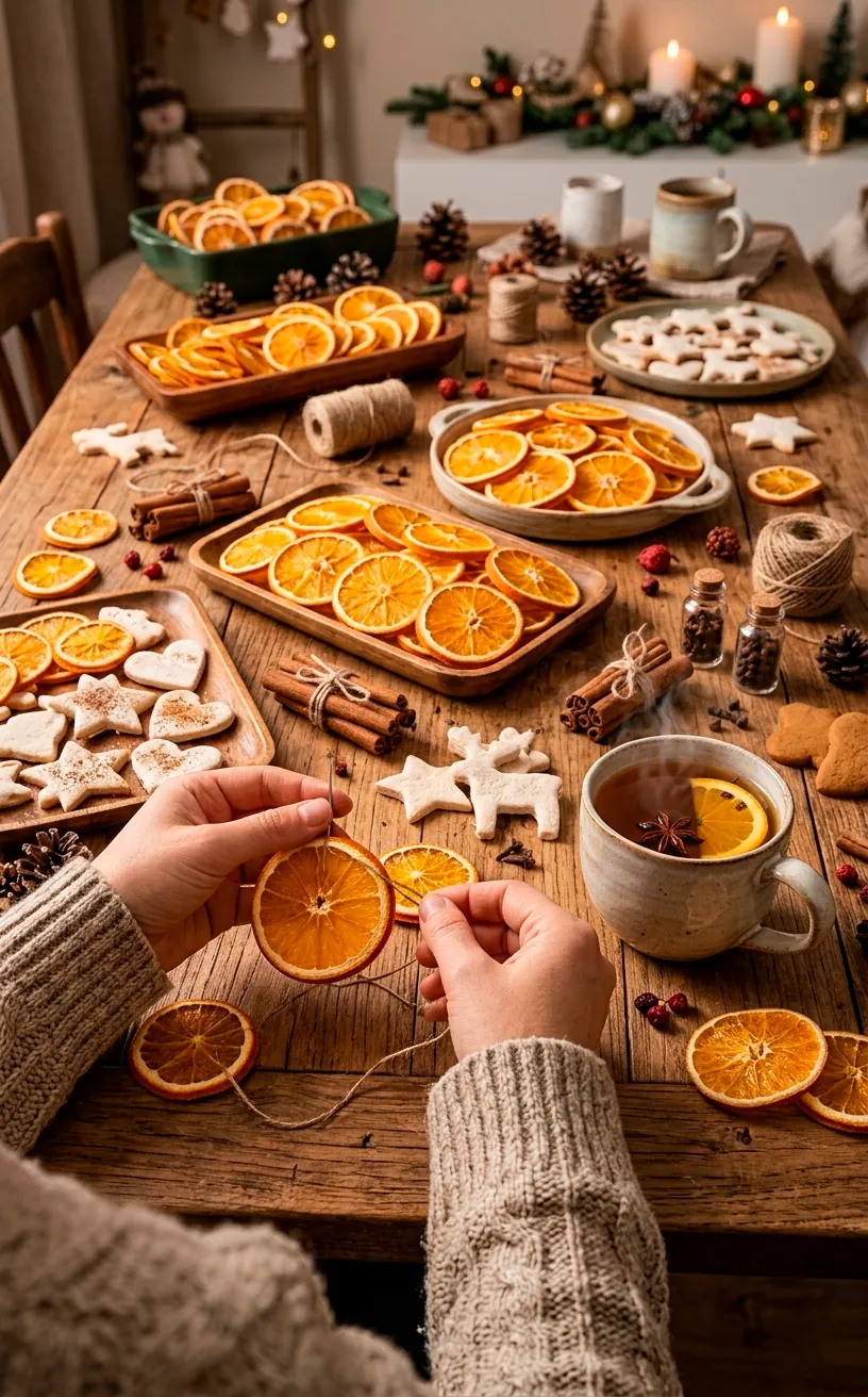 DIY sustainable Christmas decorations with dried oranges and cinnamon sticks.