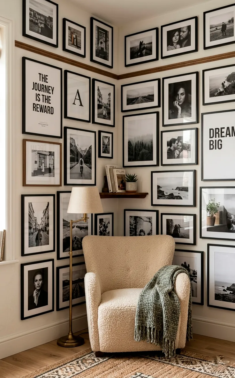 Corner wrap gallery wall layout spanning two walls behind a cozy reading chair.