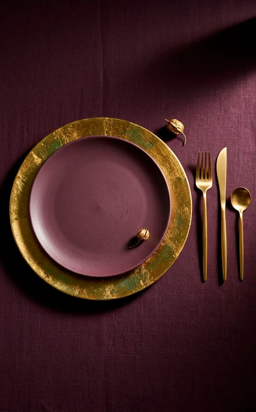 Matte plum ceramic plate on a gold leaf charger for a minimalist tablescape.