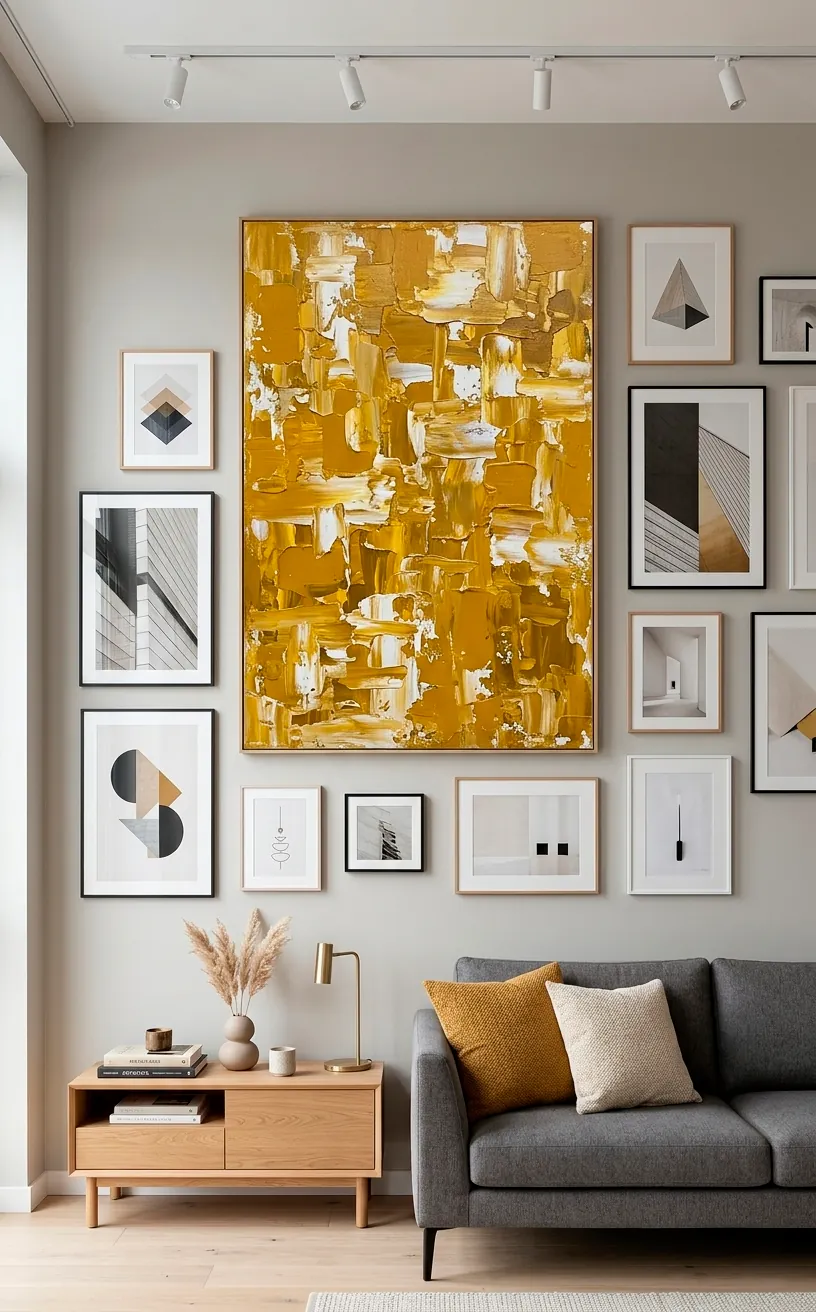 Large abstract canvas art with mustard yellow and gold strokes on a modern gallery wall.