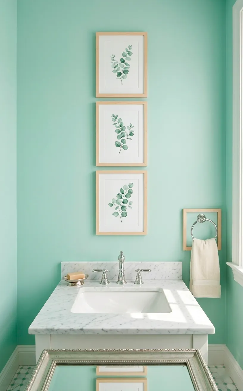 Muted eucalyptus watercolor art prints in light wood frames on a mint green wall.