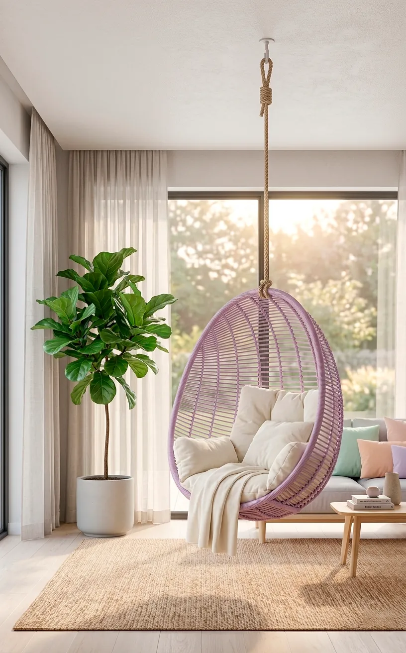 Lilac hanging egg chair with ivory cushions in a modern pastel-themed living room corner.
