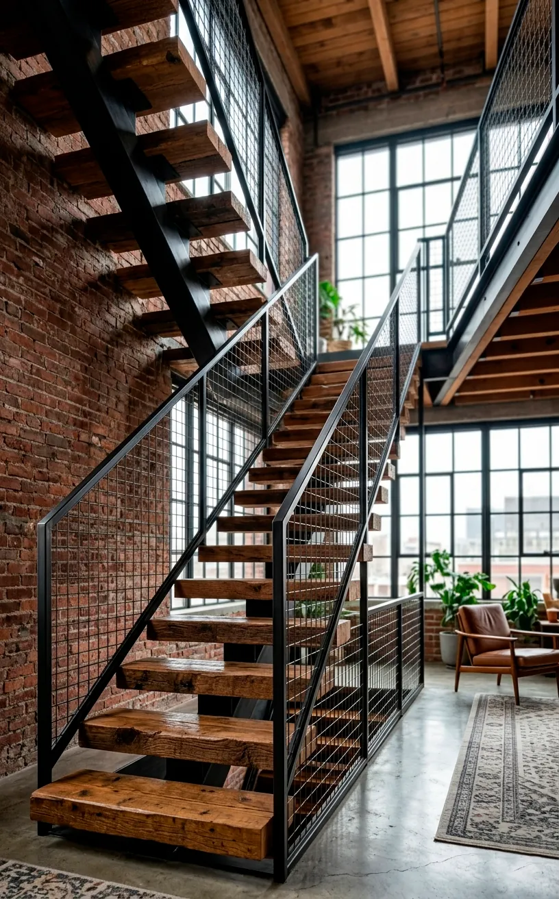Floating reclaimed wood stairs with an industrial iron mesh railing in a brick loft.
