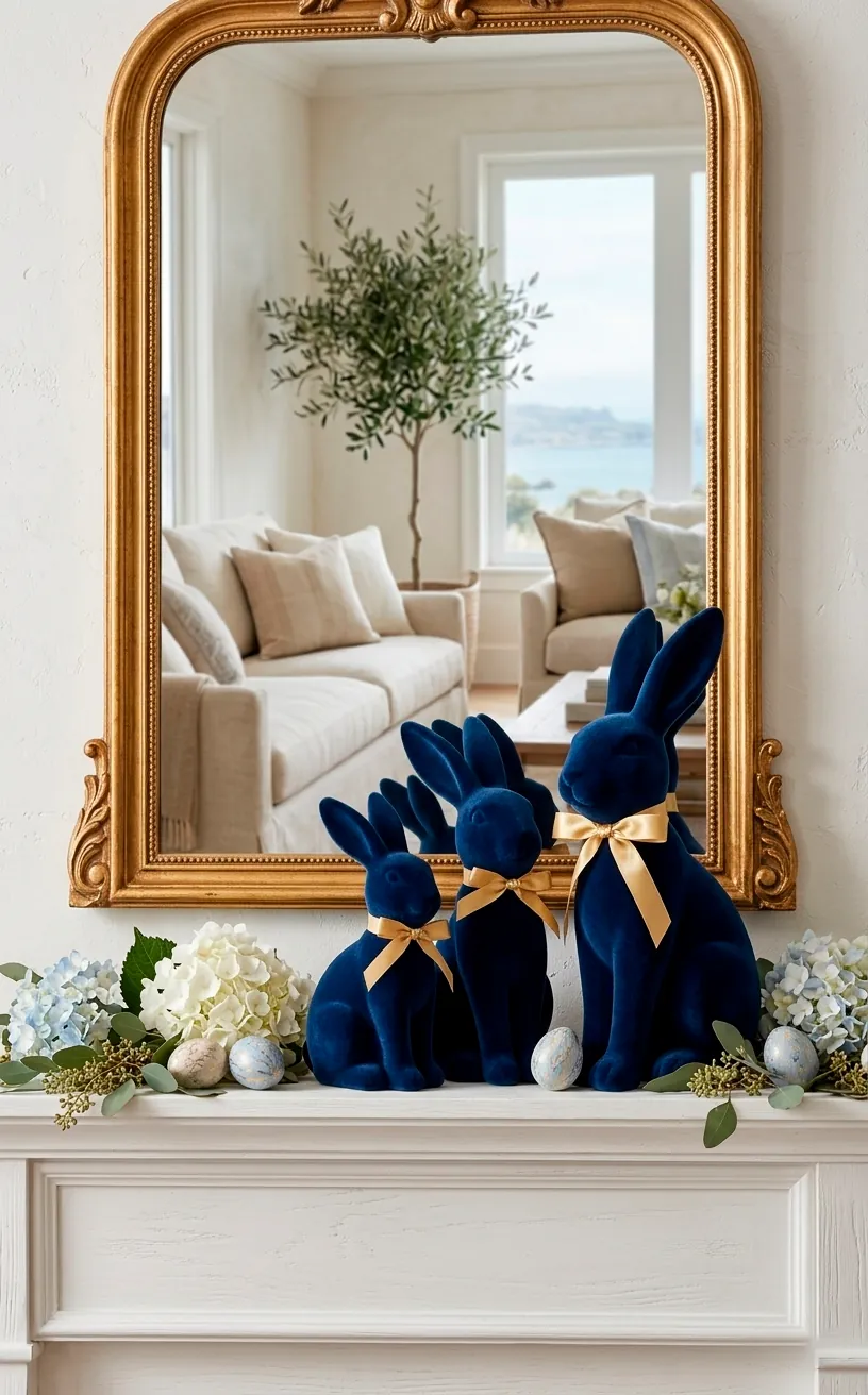 Navy velvet Easter bunnies with gold ribbons on a white fireplace mantle.