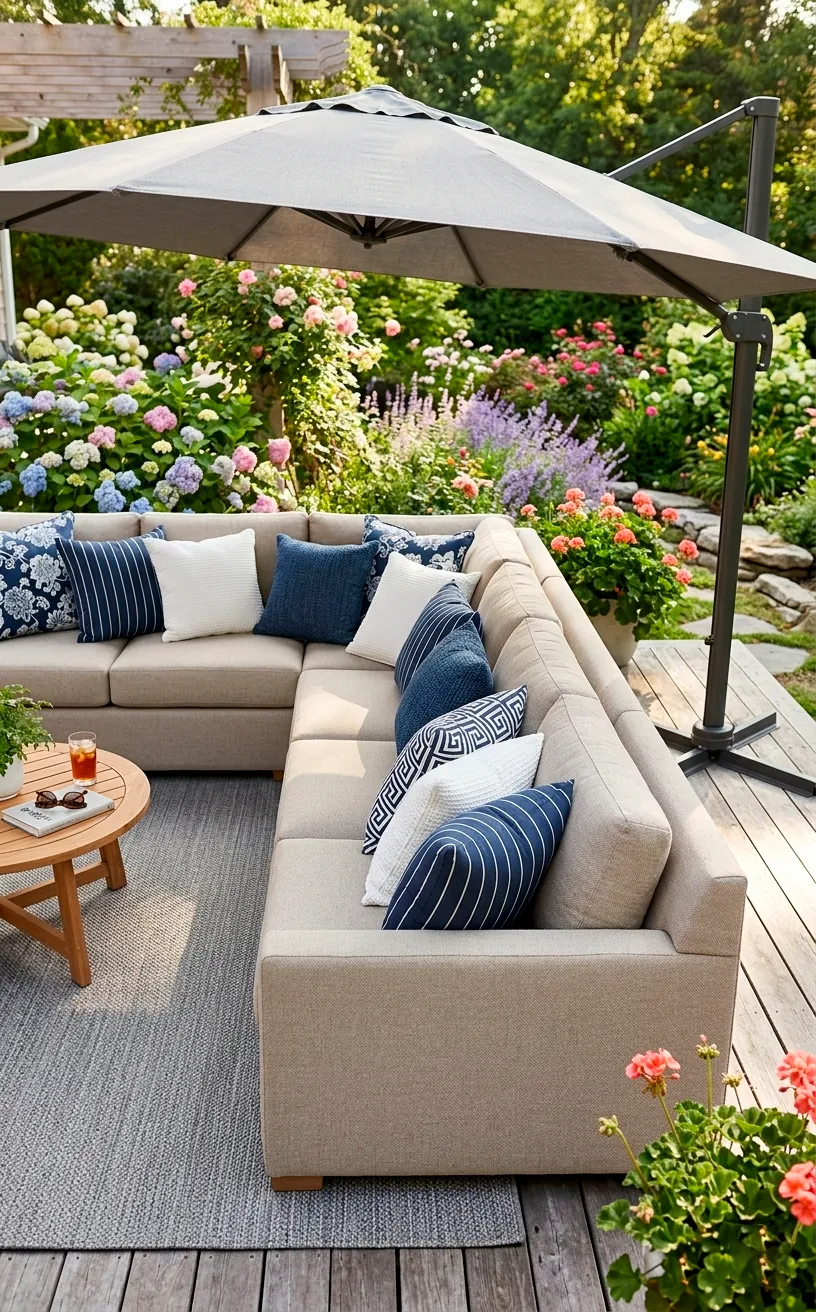 Large comfortable outdoor sectional sofa with navy pillows on a wooden deck.