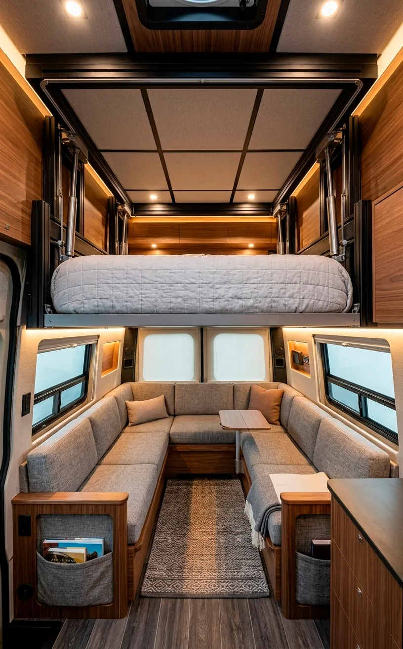 Motorized bed lift system in a Sprinter van transitioning from lounge to bedroom.