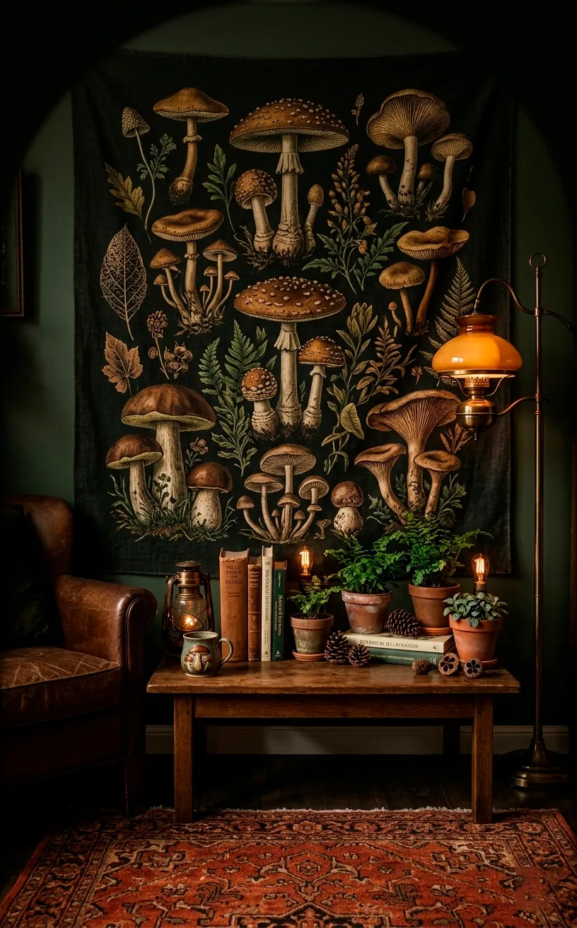Dark botanical mushroom tapestry on a wall in a moody cottagecore room.