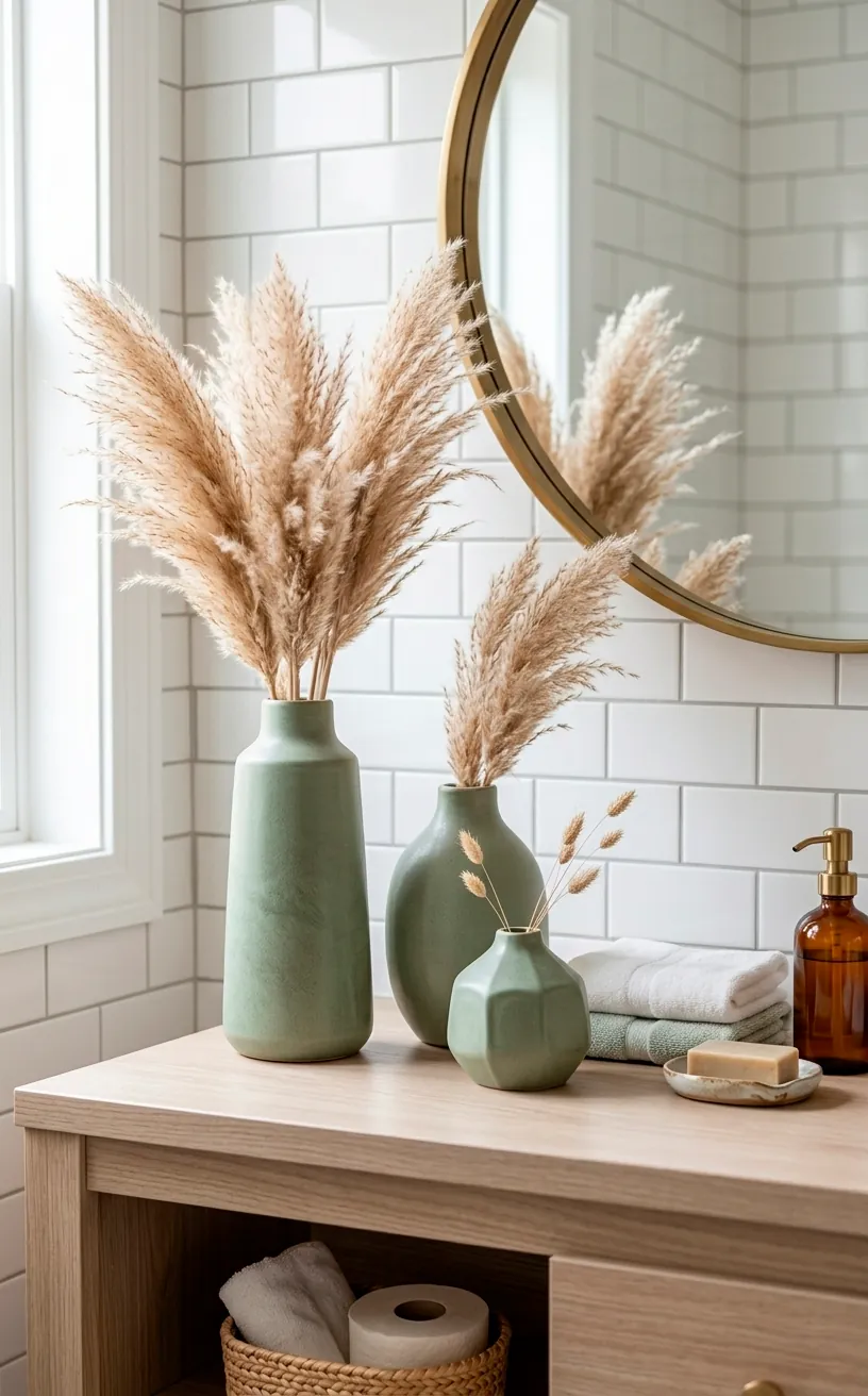 Collection of three matte sage green ceramic vases on a bathroom vanity with dried grass.