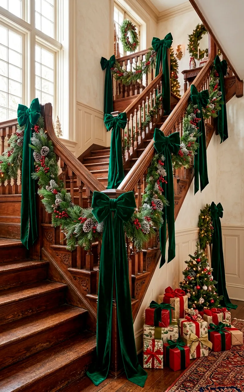 Christmas banister garland decorated with long trailing emerald green velvet bows.