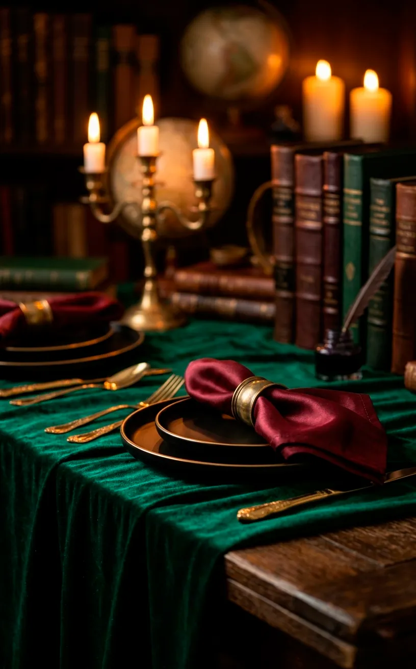 An emerald green and black dark academia table setting with gold cutlery and burgundy accents.
