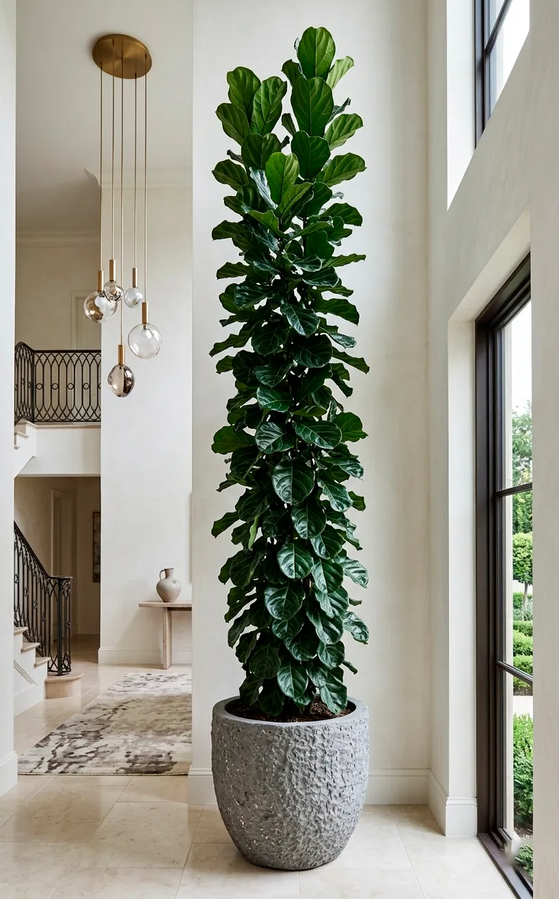 A 9-foot tall columnar Fiddle Leaf Fig tree in a stone planter standing in a high-ceiling entryway.