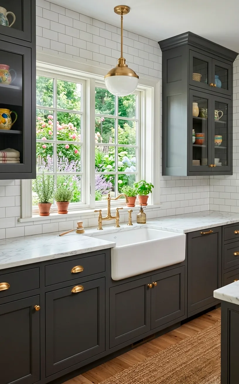 White farmhouse apron sink with gold bridge faucet in a bright kitchen.