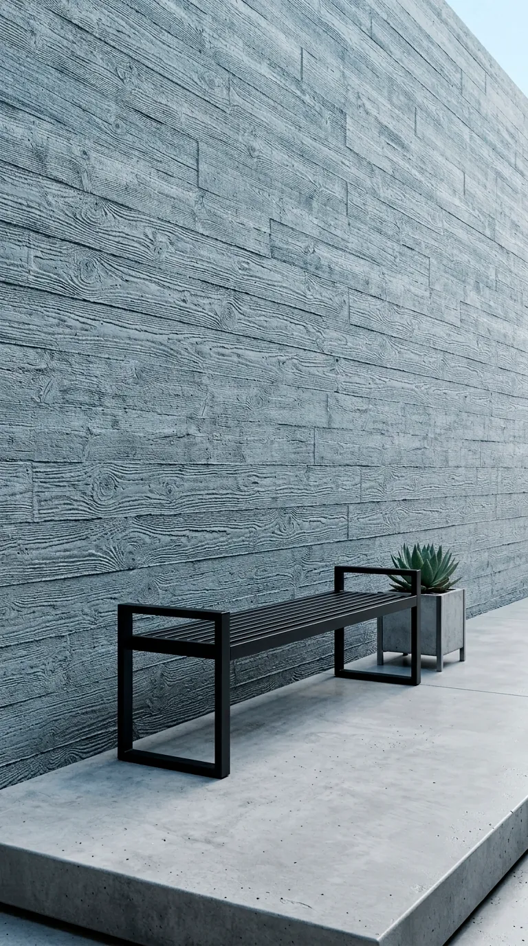Board-formed concrete wall with wood grain texture and black metal bench.