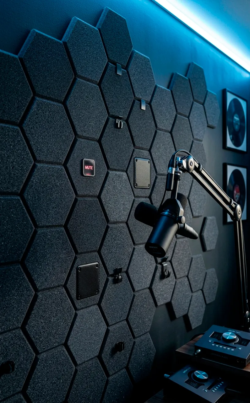 Modern acoustic foam panels on a home office wall with a professional microphone.