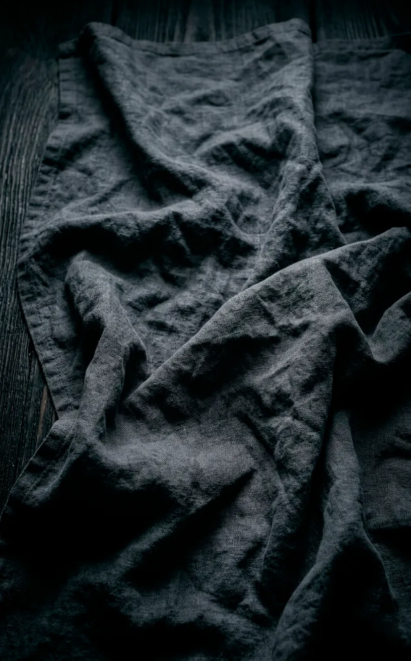 Layered dark grey linen fabric with natural wrinkles on a dark table.