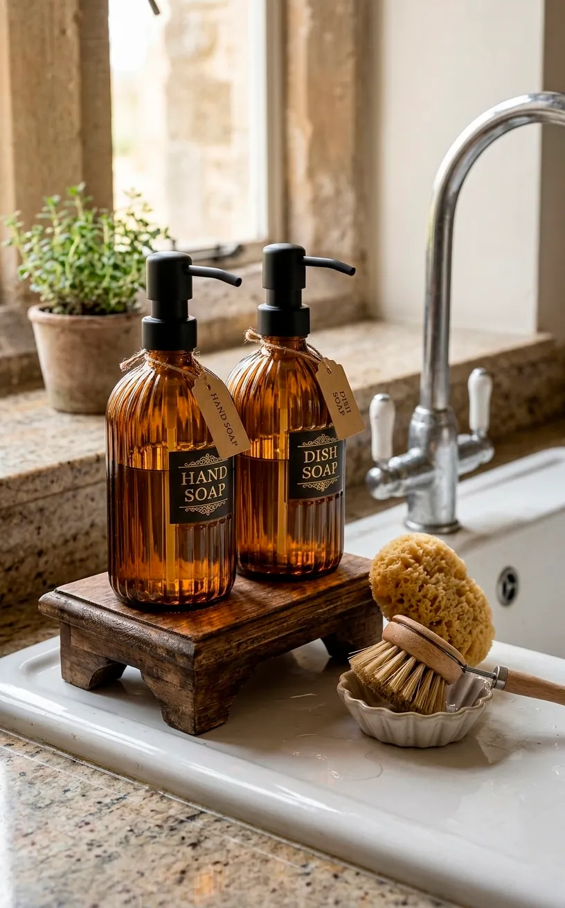 Amber glass soap dispensers on a wooden riser next to a farmhouse sink.