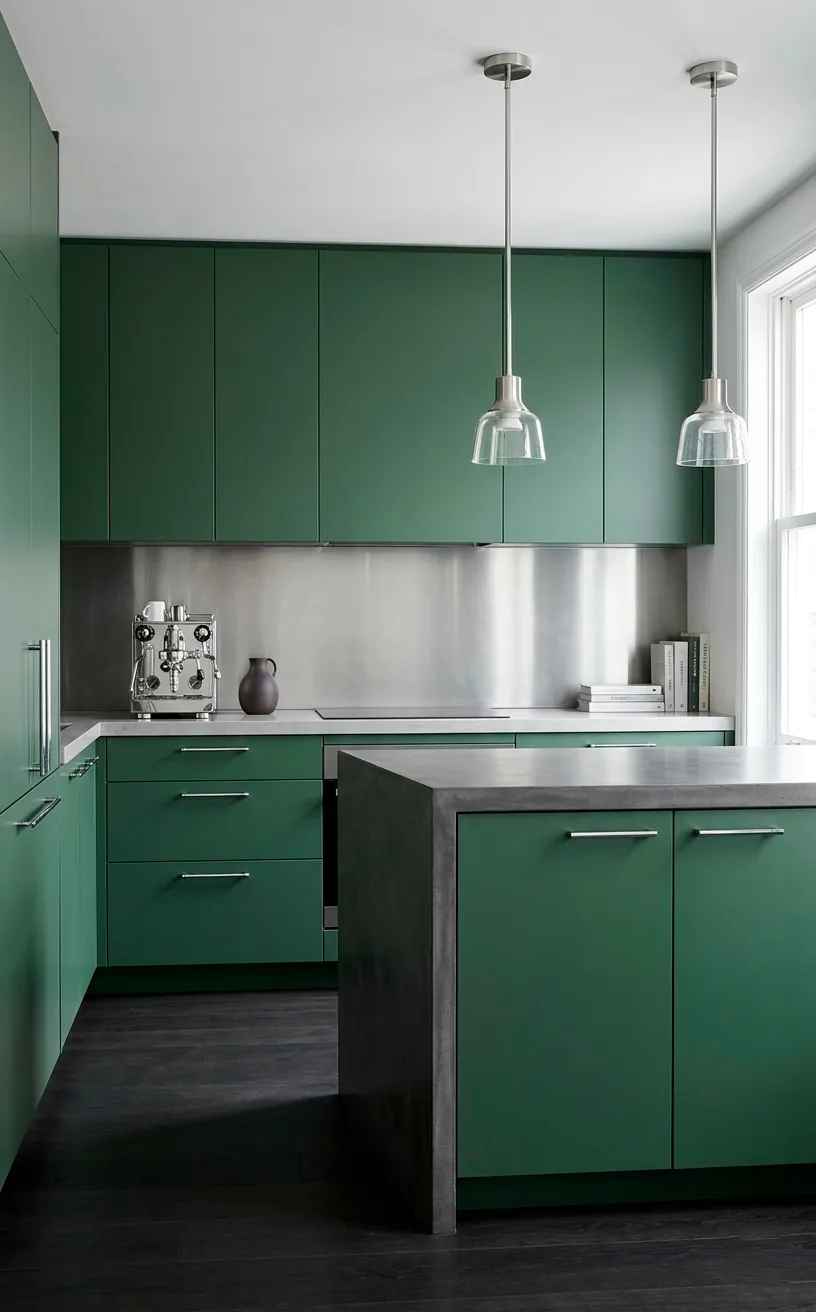 Modern forest green kitchen with polished chrome hardware and stainless steel backsplash.
