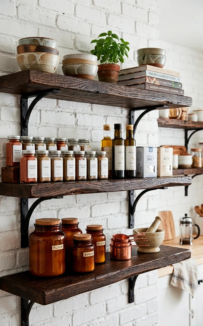Open reclaimed wood shelving in a pantry with vintage kitchenware and iron brackets.
