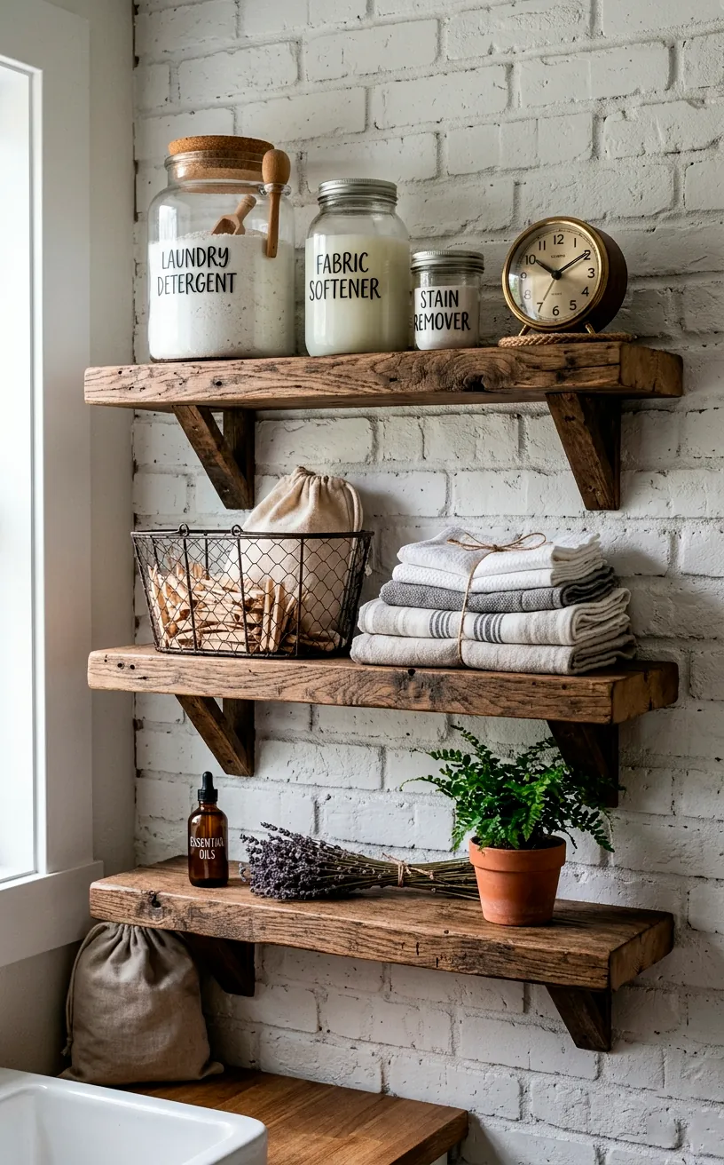 Reclaimed wood open shelves with glass jars and laundry supplies on a white wall.