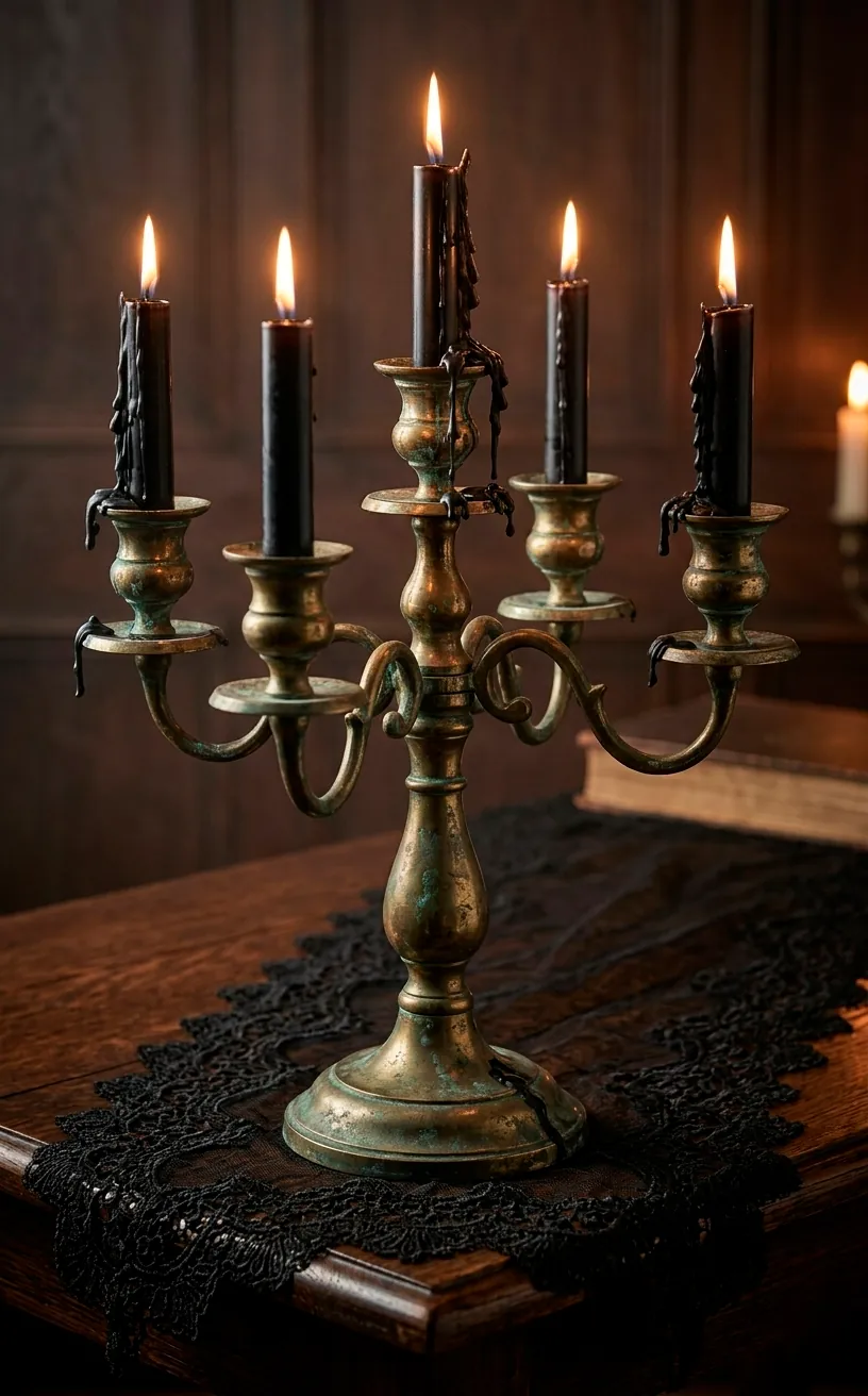 Tarnished brass candelabra with black candles on a dark table.