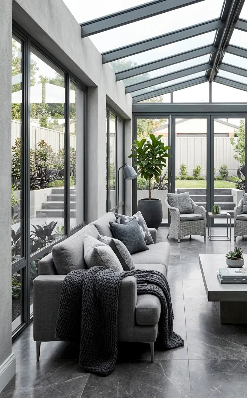 Layered grey tones in a modern sunroom with ash walls and stone flooring.