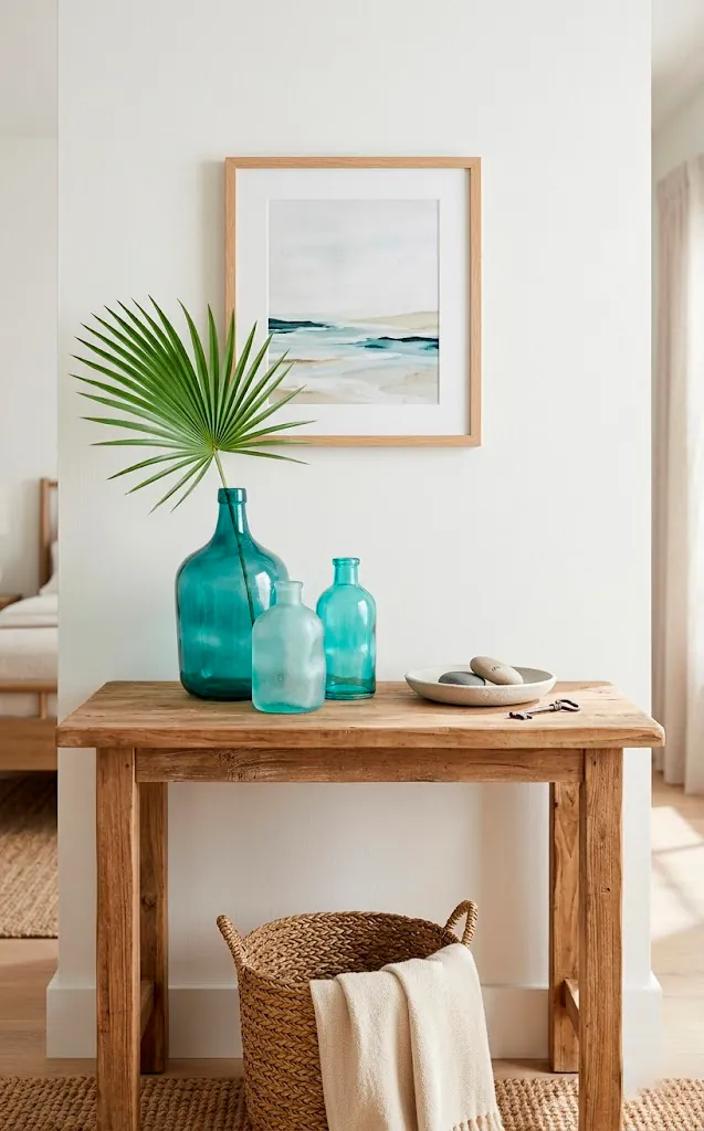 Collection of teal and aqua sea glass vases on a console table in a guest room.