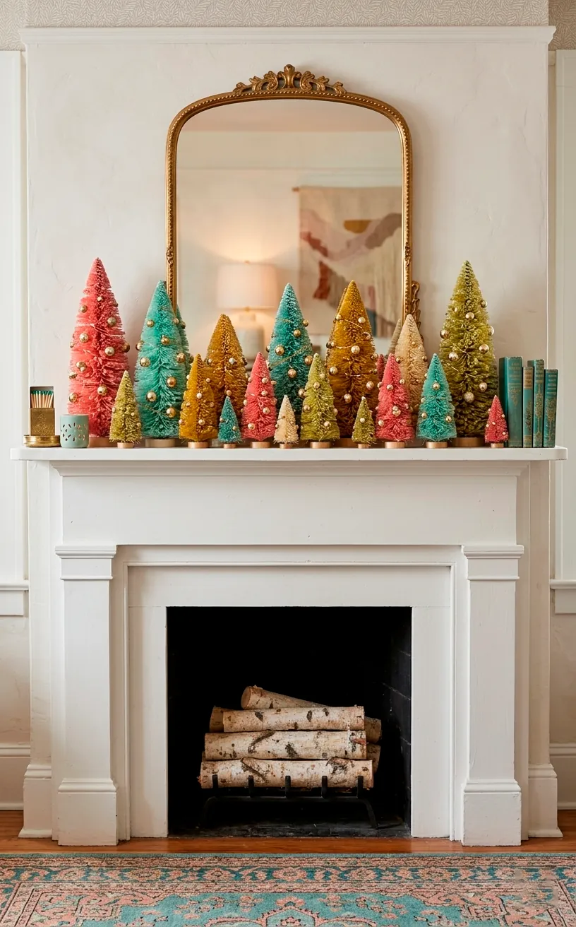 A colorful collection of bottle brush trees in retro shades on a white mantel.