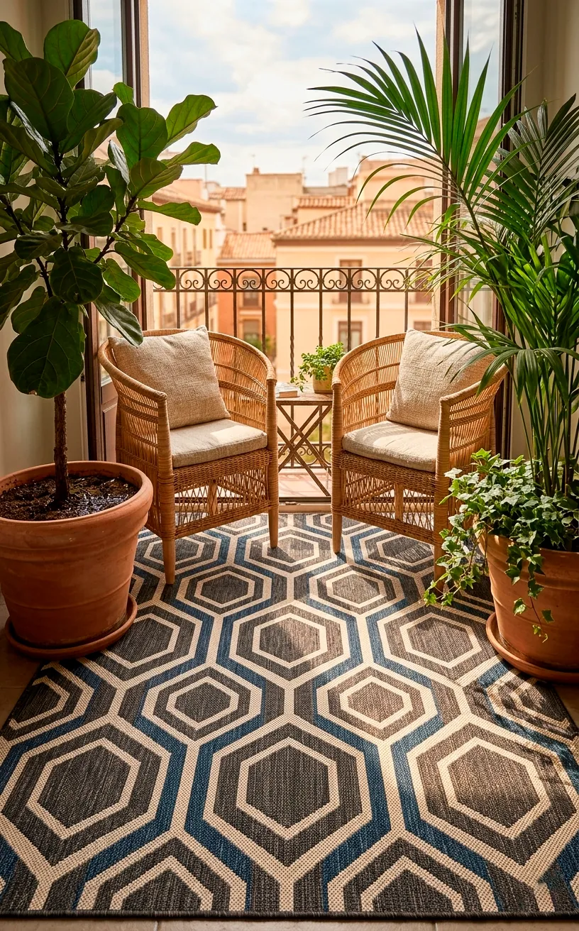 A stylish geometric outdoor rug covering the floor of a small cozy balcony with wicker furniture.