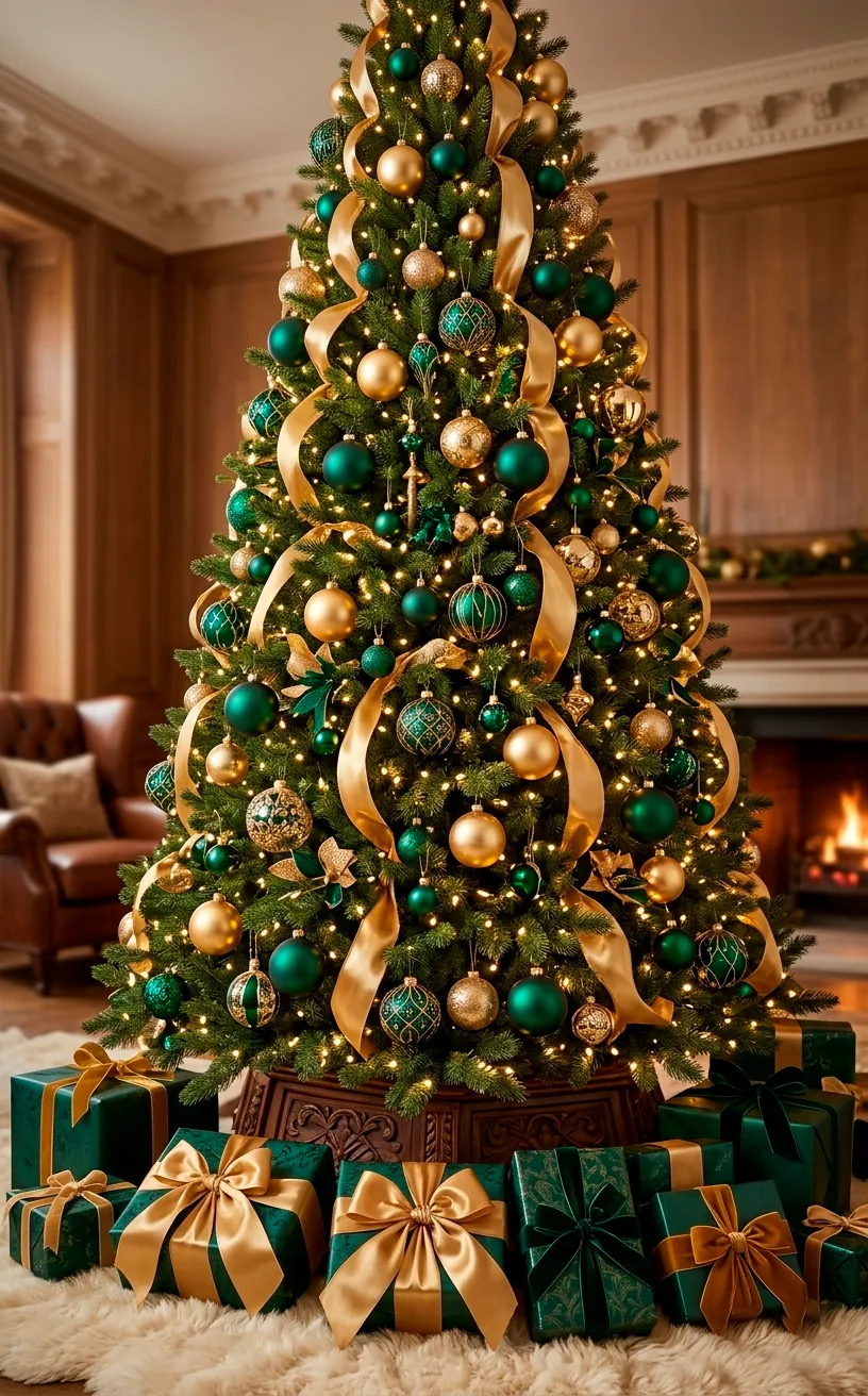 Grand Christmas tree decorated with emerald and gold ornaments and ribbons.