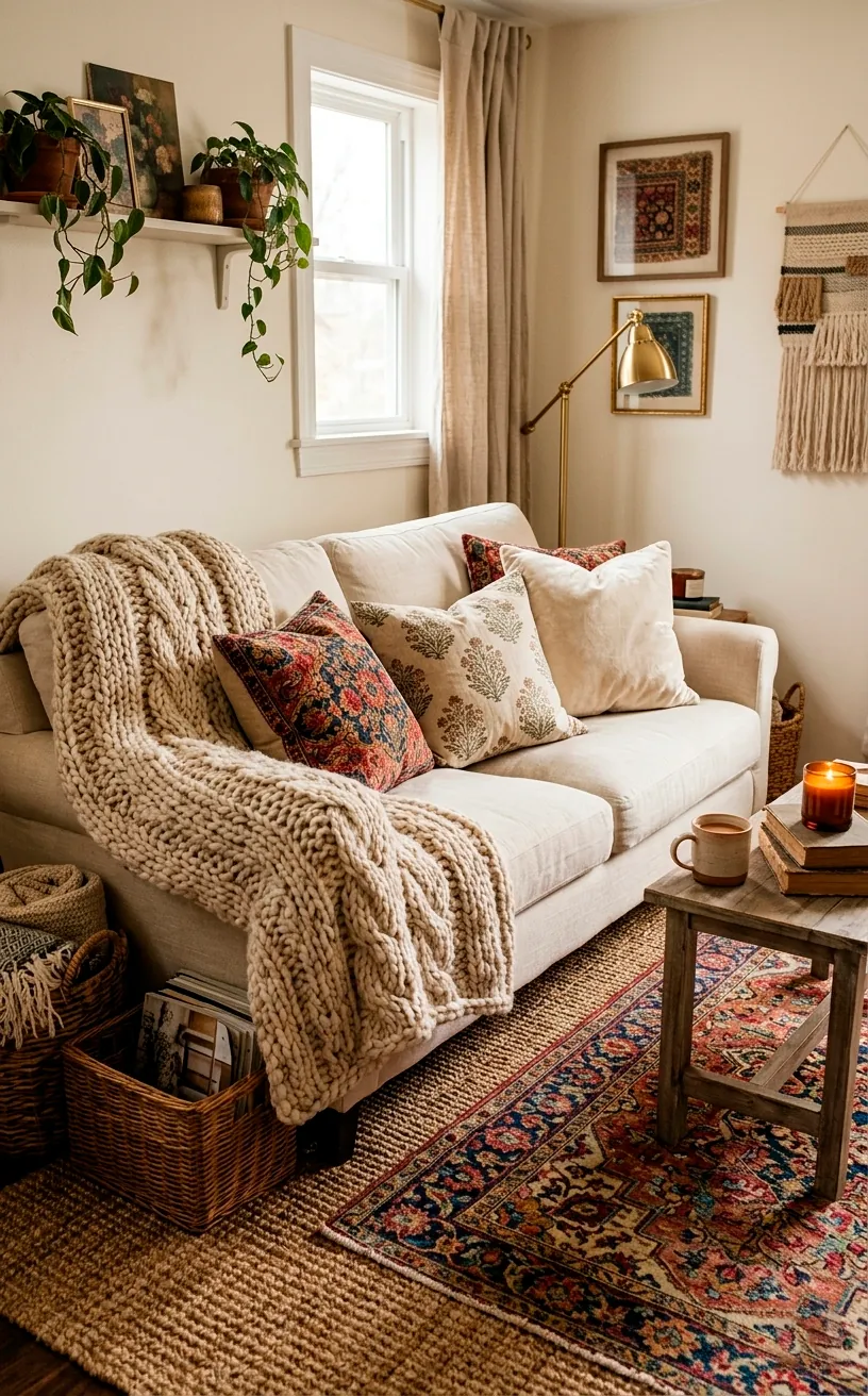 Cozy living room with layered rugs, a chunky knit throw, and floral pillows on a neutral sofa.