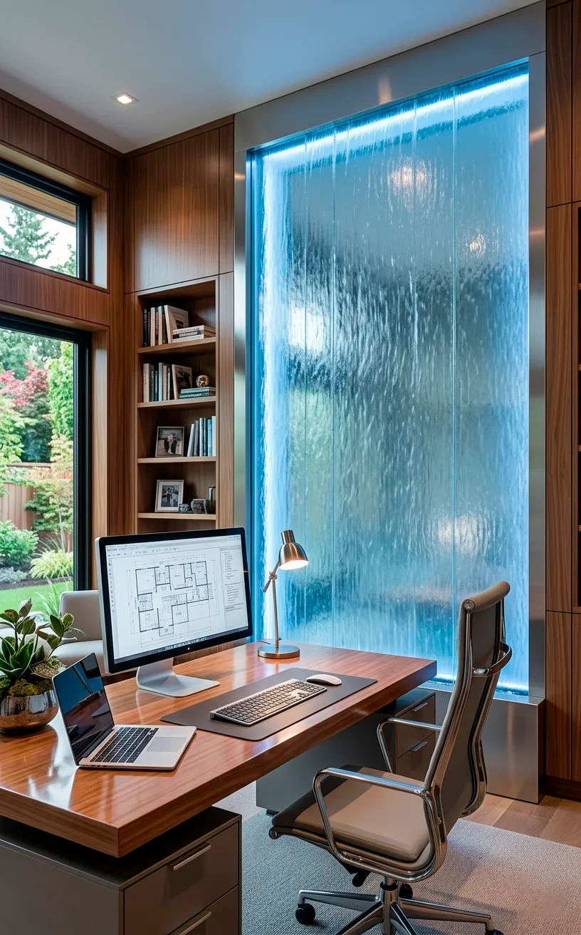 Wall-mounted glass sheet waterfall with blue LED lighting in a contemporary home office.