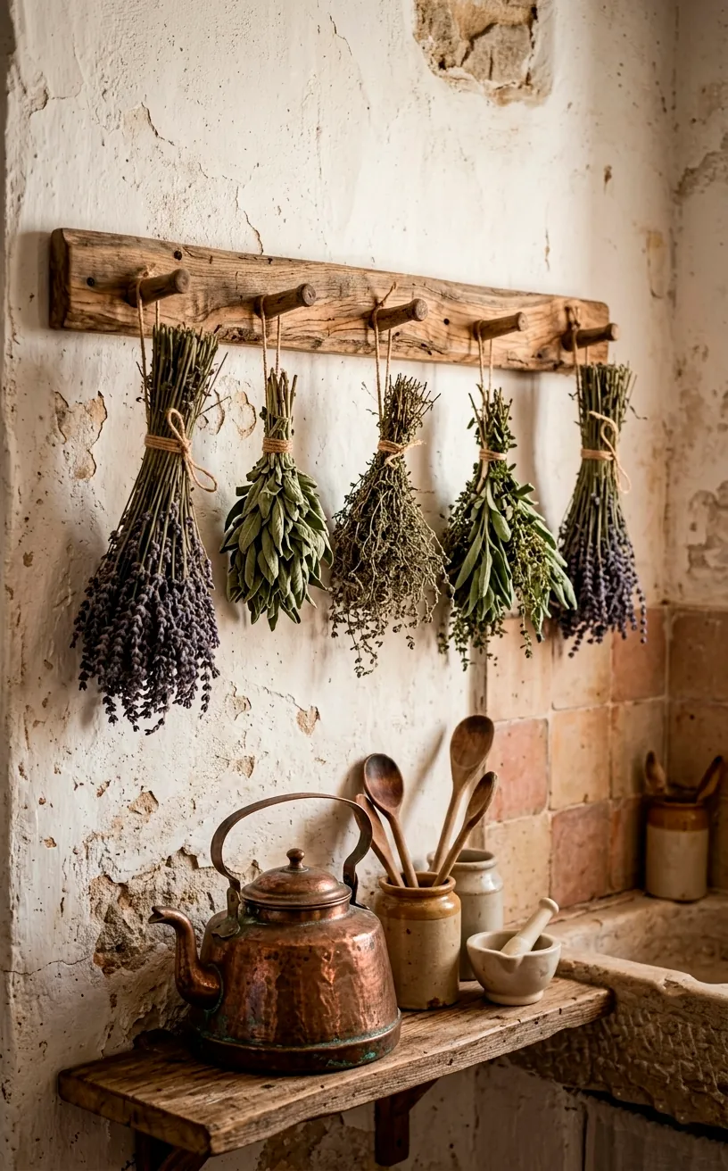 Dried herb bundles hanging from a wooden rail in a rustic Mediterranean kitchen.