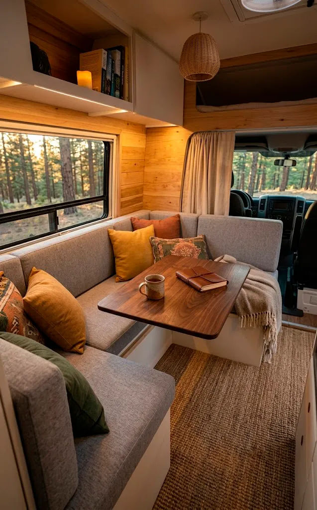 Van life lounge area with custom grey upholstery and a walnut swivel table.