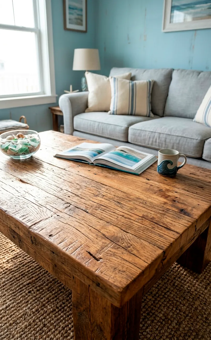 Reclaimed wood coffee table in a bright coastal living room.