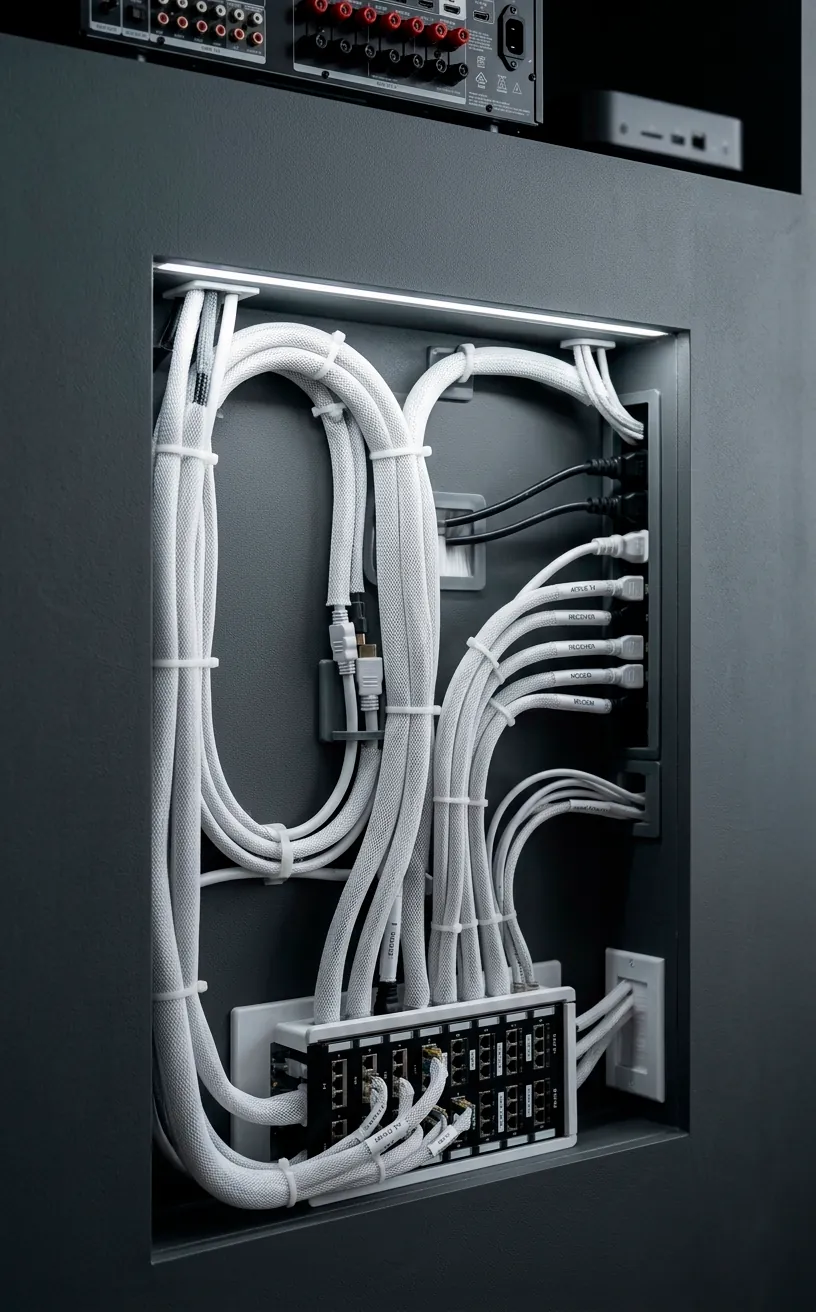Organized cables hidden behind a wall-mounted TV for a clean look.