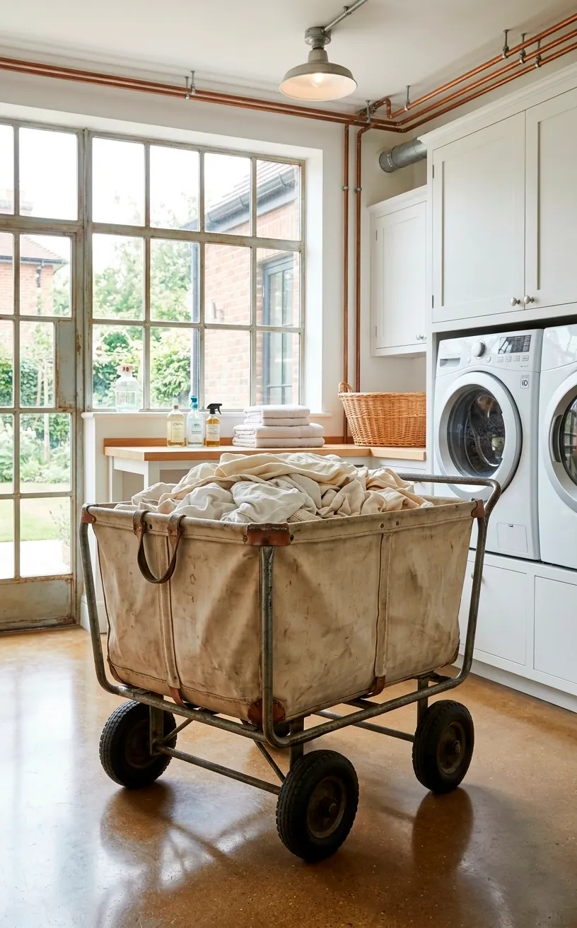 Industrial canvas laundry cart with wheels in a bright, spacious laundry area.