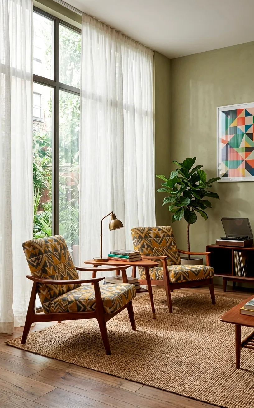 Mid-century modern armchairs with bright mustard yellow geometric upholstery in a sunny room.