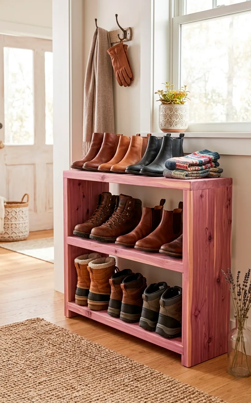 A 3-tier aromatic cedar shoe rack holding winter boots in a bright foyer.
