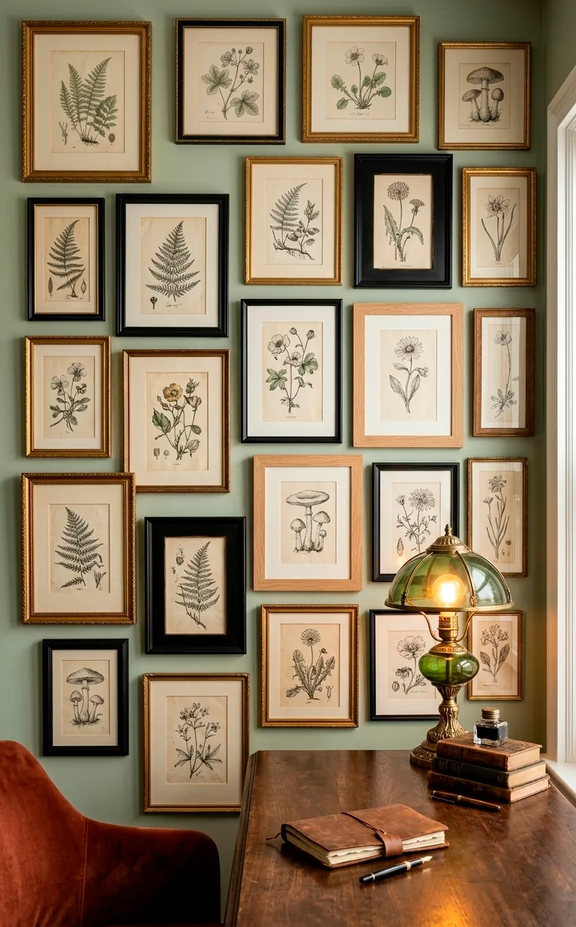 An eclectic gallery wall featuring framed botanical sketches in a cozy home office setting.