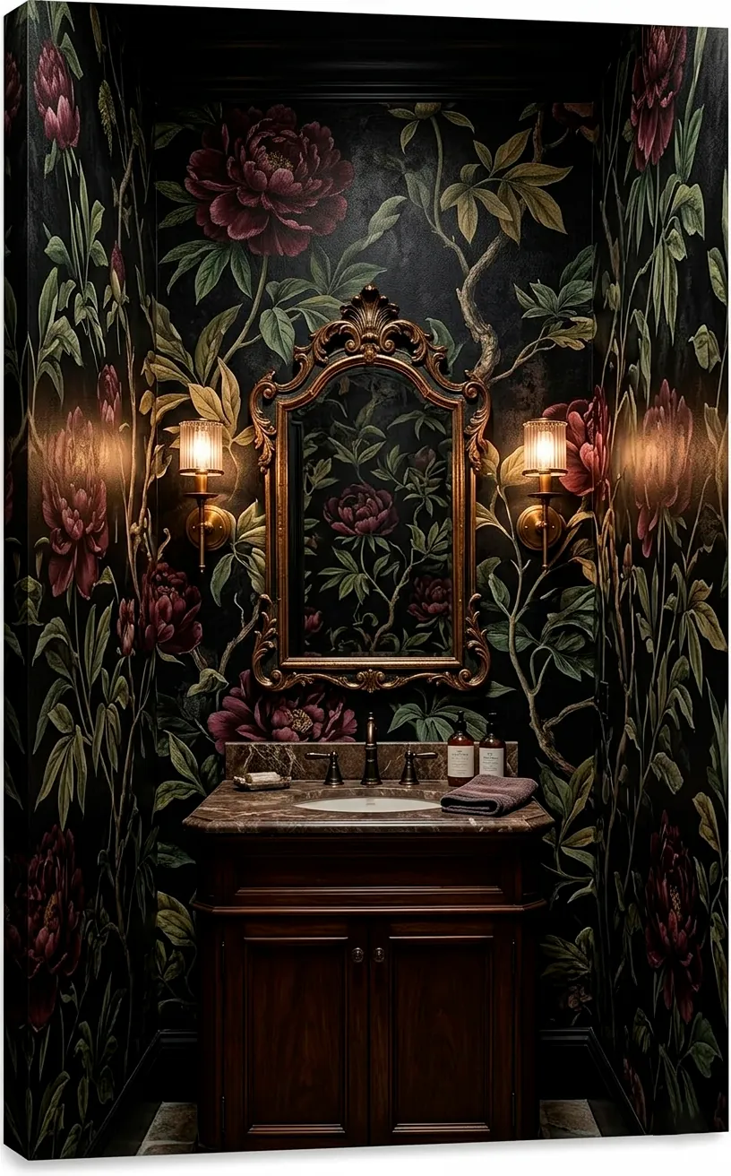 Dark botanical wallpaper with floral patterns in a moody powder room.