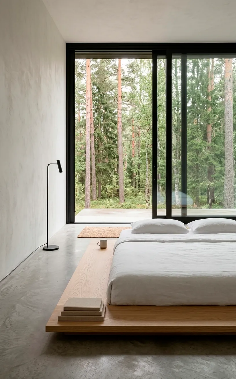 Low-profile wooden platform bed in a minimalist bedroom with forest view.