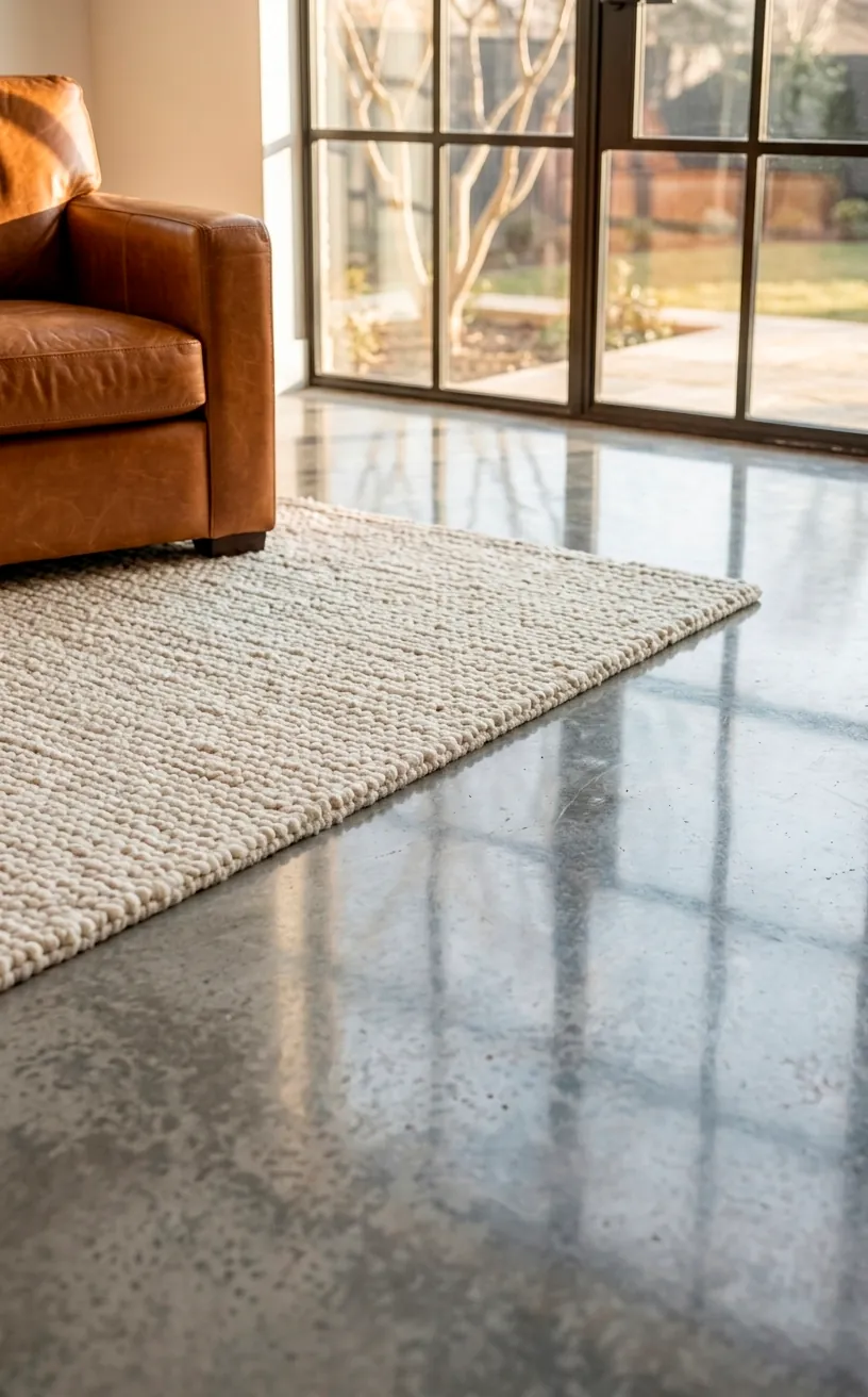 Polished concrete floor with a plush white wool area rug in a modern interior.