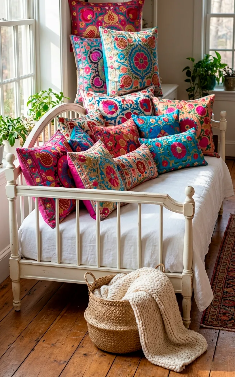 Collection of colorful embroidered Suzani pillows on a white daybed in a bright room.